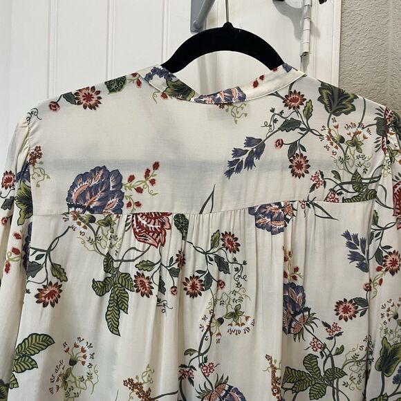 Loft Cream Blue Red Floral Half Button Long Sleeve Boho Top Womens Size L NEW - Picture 8 of 10